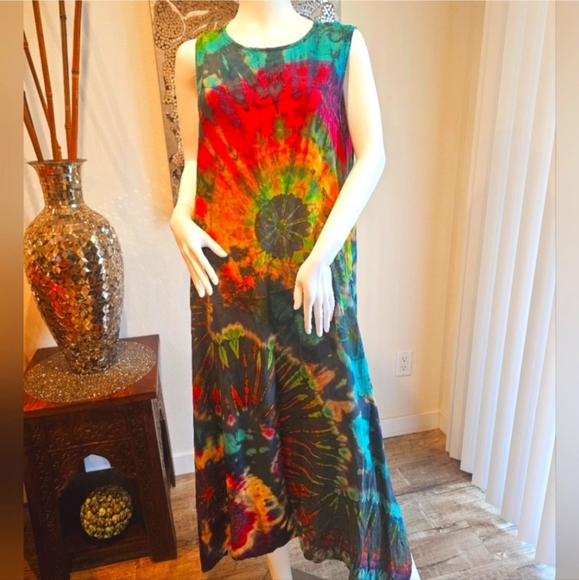 TIE DYE Colorful Rayon Flowy Midi Shift Dress OS NEW - Picture 1 of 8